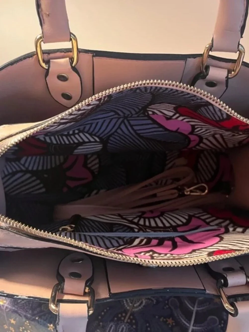 Kua Pink Satchel Handbag Crossbody Floral Lining Gold Hardware Shoulder Strap